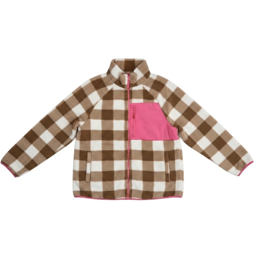 J.Crew Womens Tan Buffalo Check Sherpa Fleece Zip Jacket Pink Pocket Small